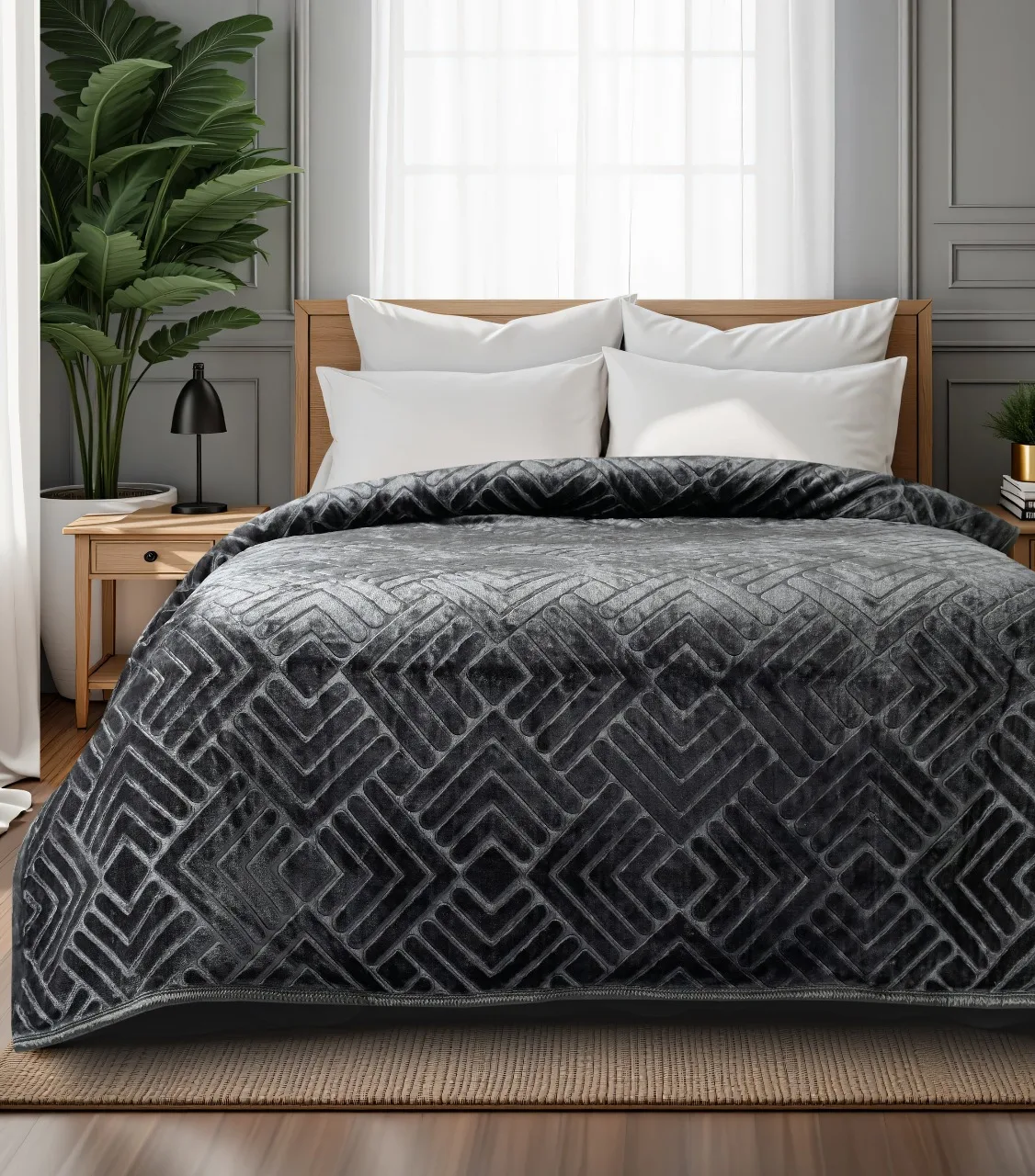 Grey solid colour blanket with satin-bordered finish — distributor stock