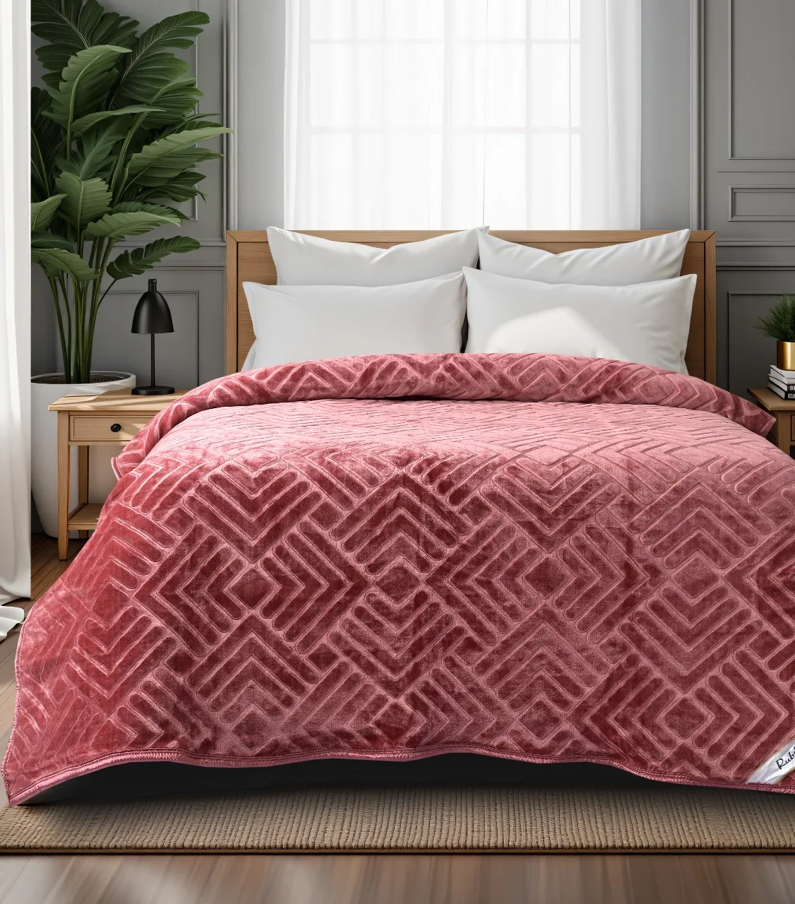 Wine red solid-colour embossed blanket — private label ready stock
