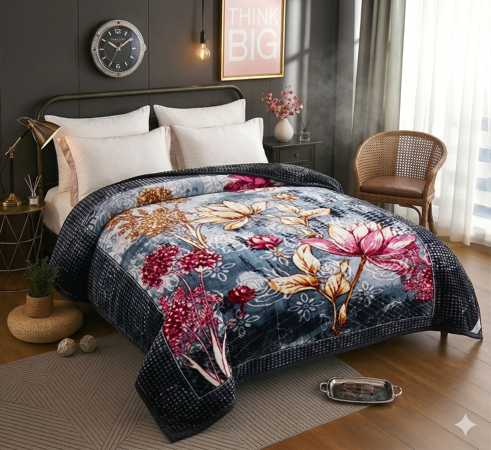 Royal Floral Series – Dark blue multi-floral mink blanket