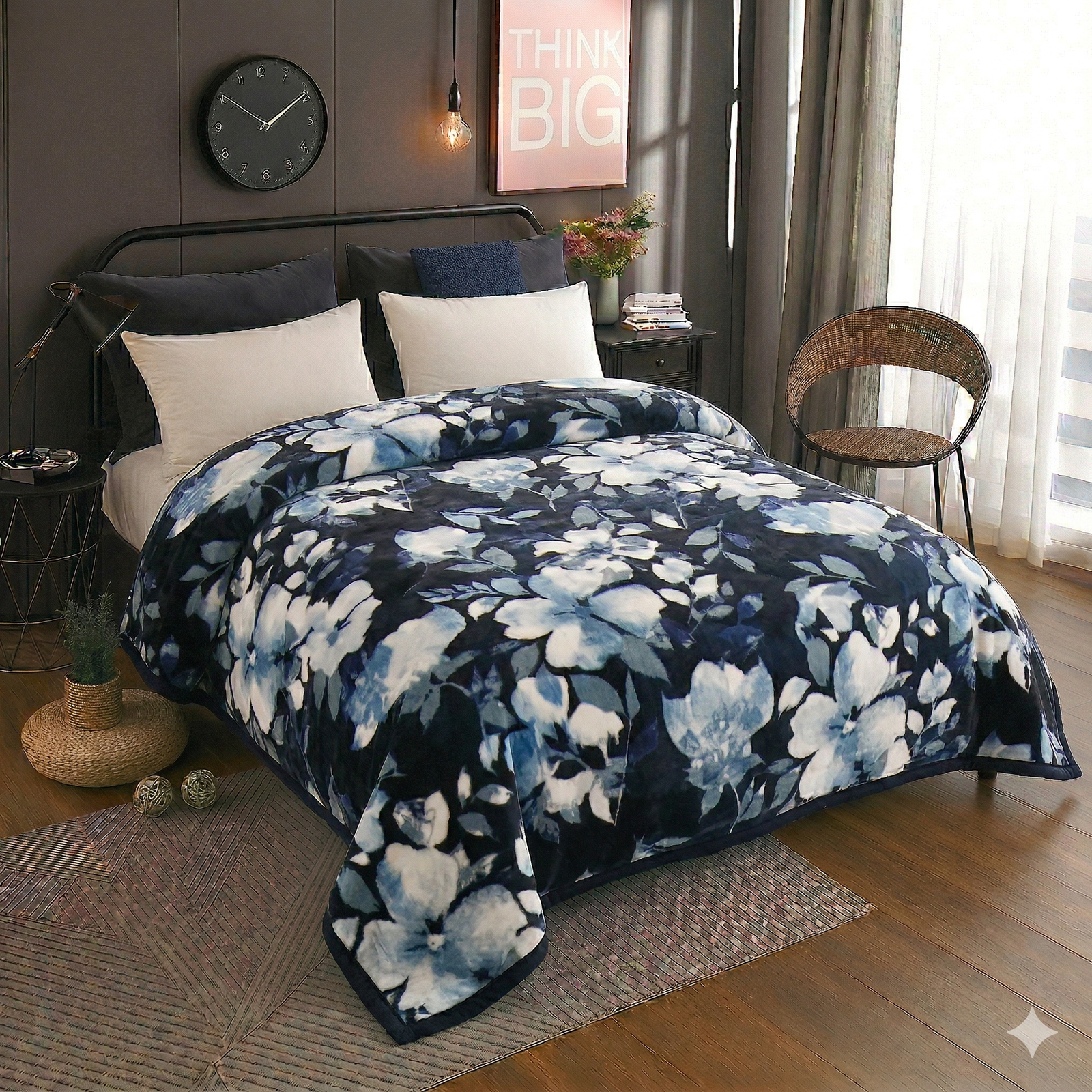 Royal Floral Series — navy blue floral mink blanket