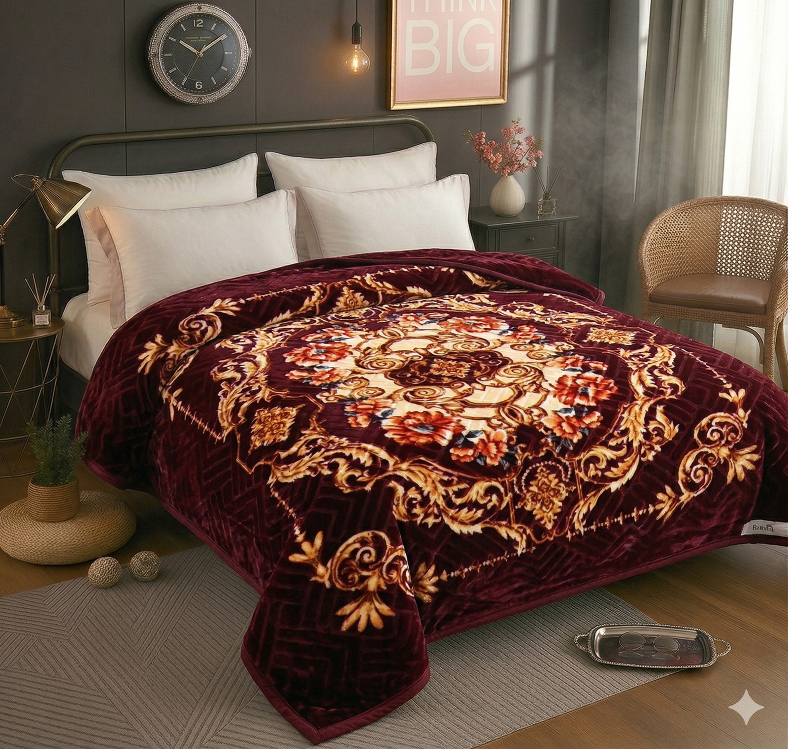 Winter Warmth — burgundy gold medallion mink blanket